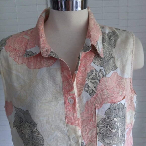 Joan Vass Sleeveless Linen Tunic - Coral and Charcoal - Picture 4 of 16